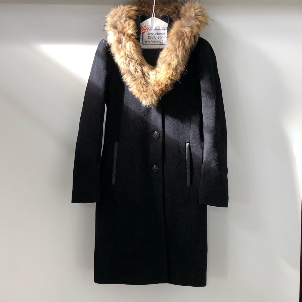mackage "andie" wool coat with asiatic raccoon fur